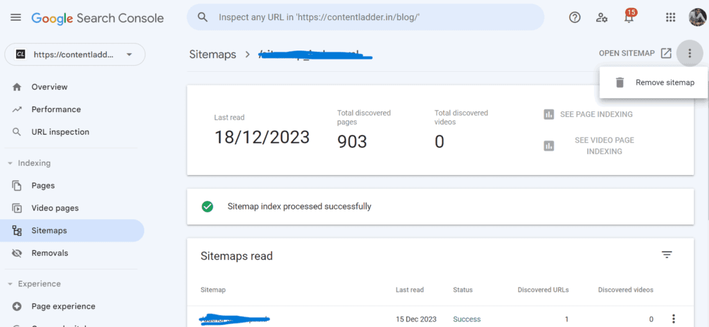 Remove Sitemap: problem submitting your indexing request