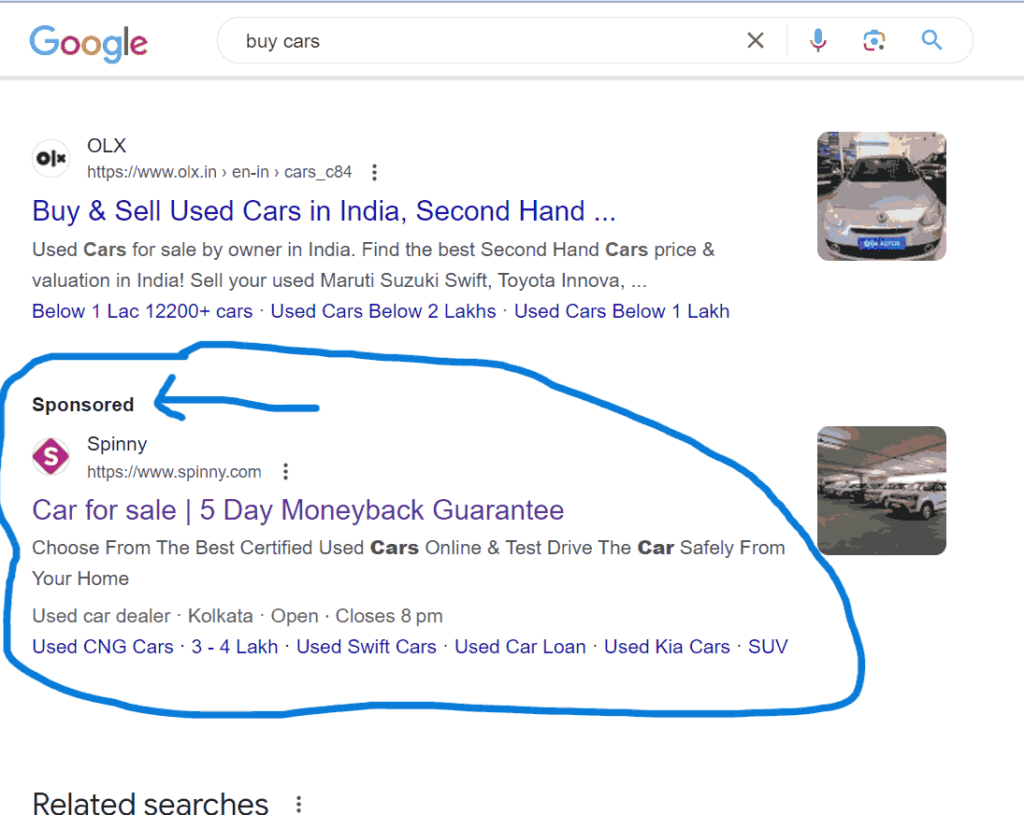 Searched for a keyword "buy cars", and found out PPC sponsored post on the 5th position. 