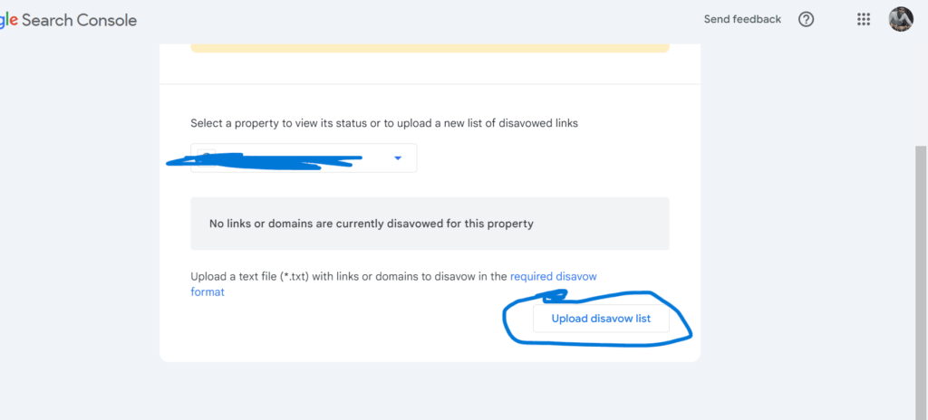 Upload disavow file in Google Search Console tools