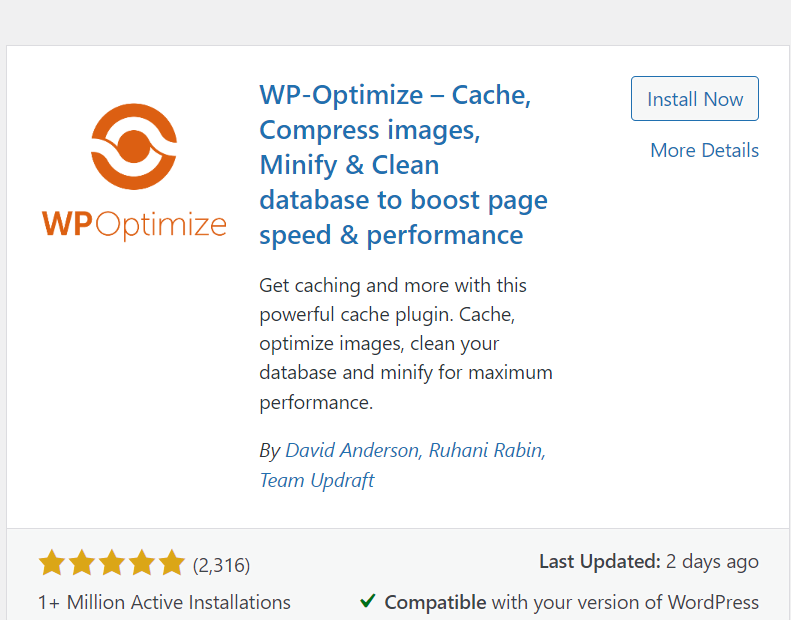 wp optimize plugin to remove cache