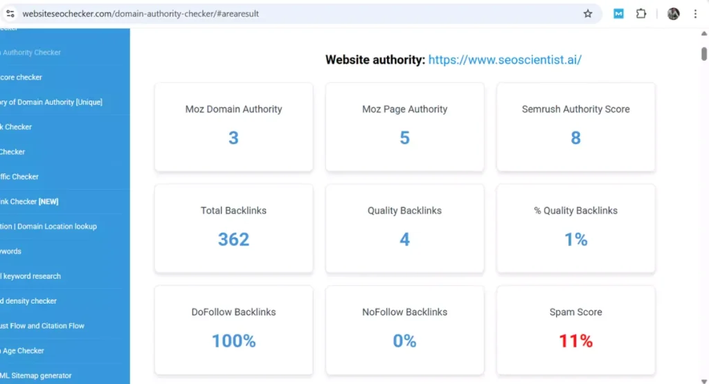 Always check website DA/PA before running SEO Audits