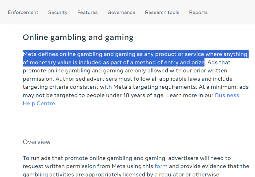 meta gaming and gambling advertising policies
