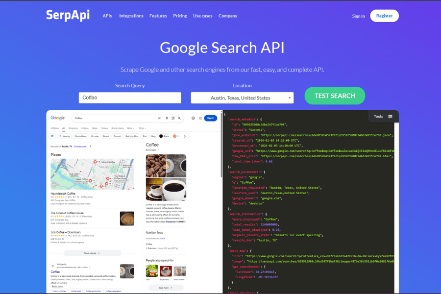 SerpApi homepage displaying their Google Search API JSON response alongside visual search results.