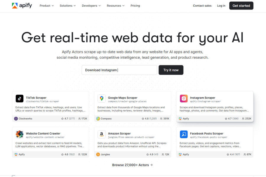 Apify platform dashboard showcasing various web scraping actors including Google Maps and social media scrapers.