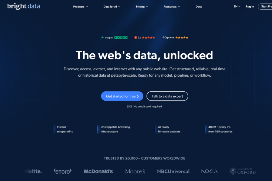 Bright Data website homepage highlighting their enterprise web data extraction and massive proxy network infrastructure.