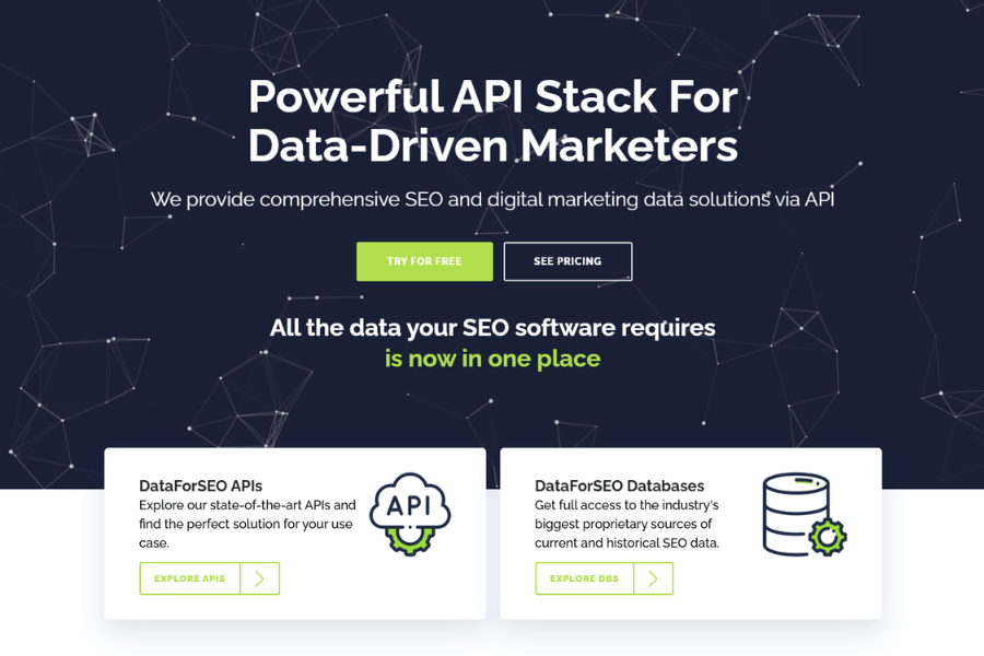 DataForSEO homepage presenting their comprehensive SEO API stack and database solutions for software marketers.