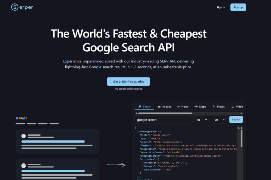 Serper dev homepage showing a lightning-fast Google Search API parsing organic search results into a clean JSON format.