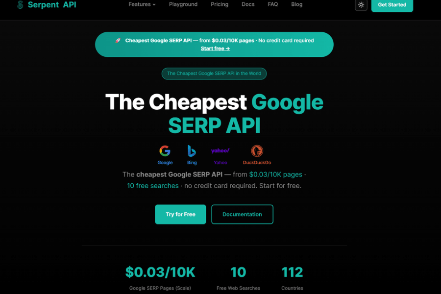 Serpent API homepage featuring the lowest cost Google SERP API pricing at three cents per ten thousand pages.
