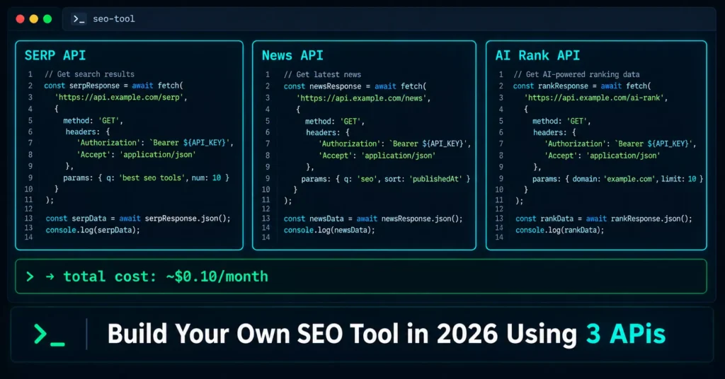 Python terminal showing three API call blocks for SERP, News, and AI Rank endpoints — build your own SEO tool for $0.10/month
